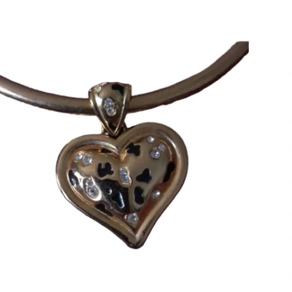 Floating puffed HEART gold tone flexible choker W/ reversible heart pendant